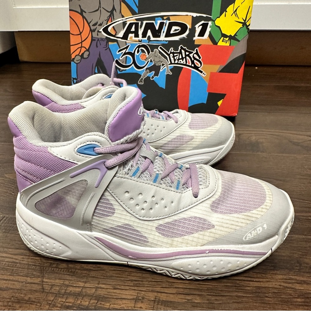 AND 1 LAVENDER AND WHITE HIGHTOP BASKETBALL SNEAKERS